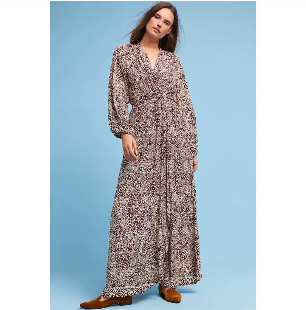 NATALIE MARTIN Nat | Anthropologie Nico Burgundy Floral Wrap Maxi Dress Small